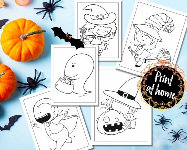 Cute Halloween coloring pages on desk