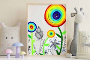 Rainbow paper flowers in frame