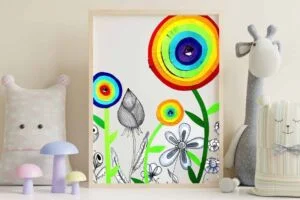 Rainbow paper flowers in frame