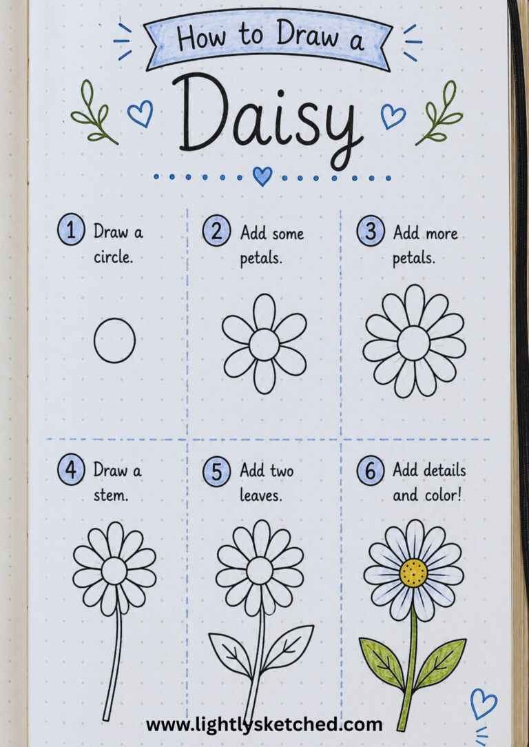 How to draw a daisy step by step with an easy floral doodle tutorial in a bullet journal.