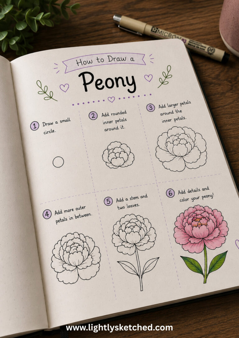 How to draw a peony step by step with an easy floral doodle tutorial.