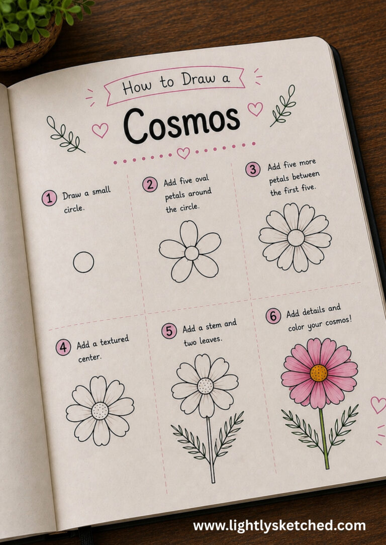 How to draw a cosmos flower step by step with a simple floral doodle tutorial.