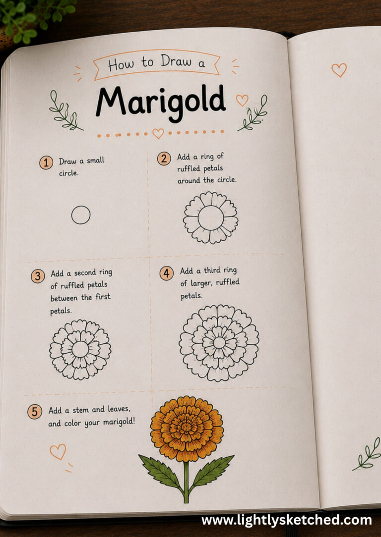 How to draw a marigold step by step with a simple floral doodle tutorial.