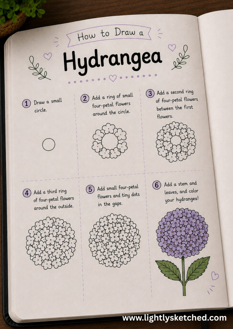 How to draw a hydrangea step by step with an easy flower doodle tutorial.