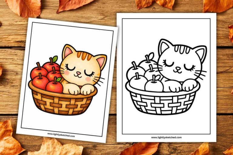 cute kitten sleeping in basket with apples