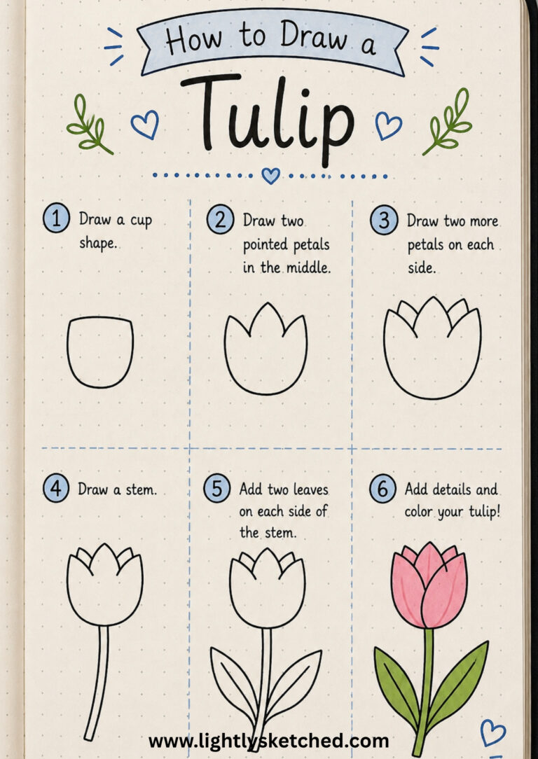 How to draw a tulip step by step with a simple flower doodle tutorial on dotted bullet journal paper.