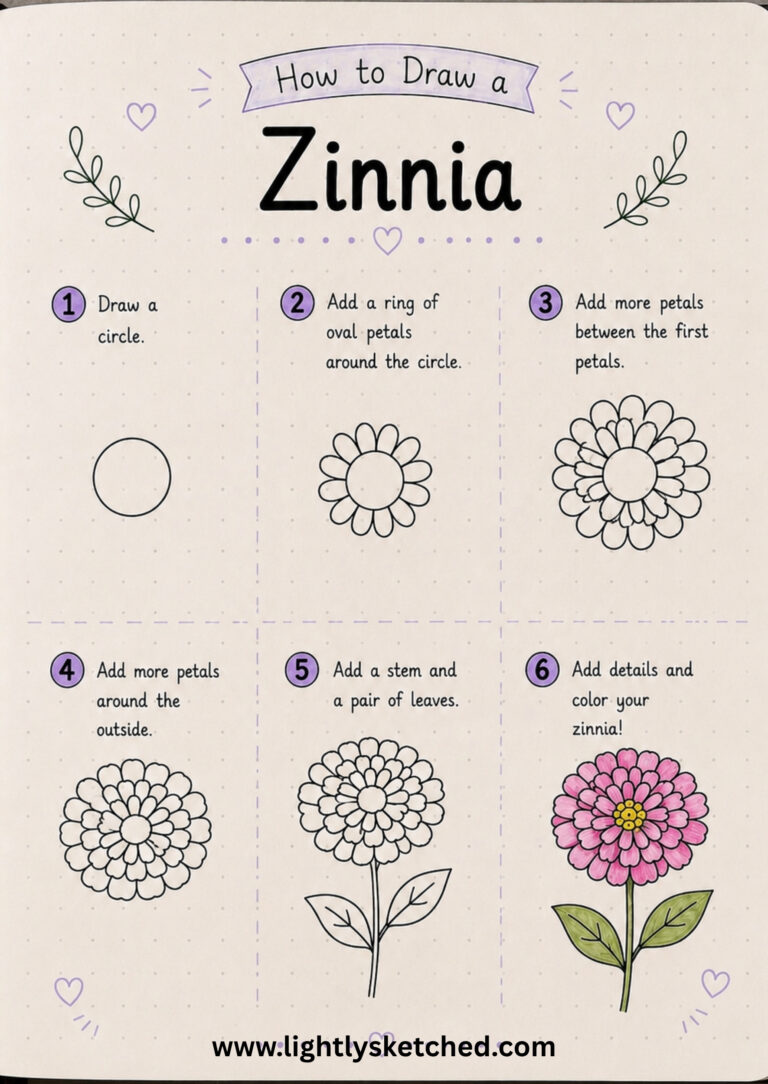 How to draw a zinnia step by step with an easy floral doodle tutorial.