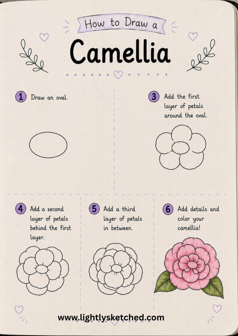 How to draw a camellia step by step with a beginner flower doodle tutorial.