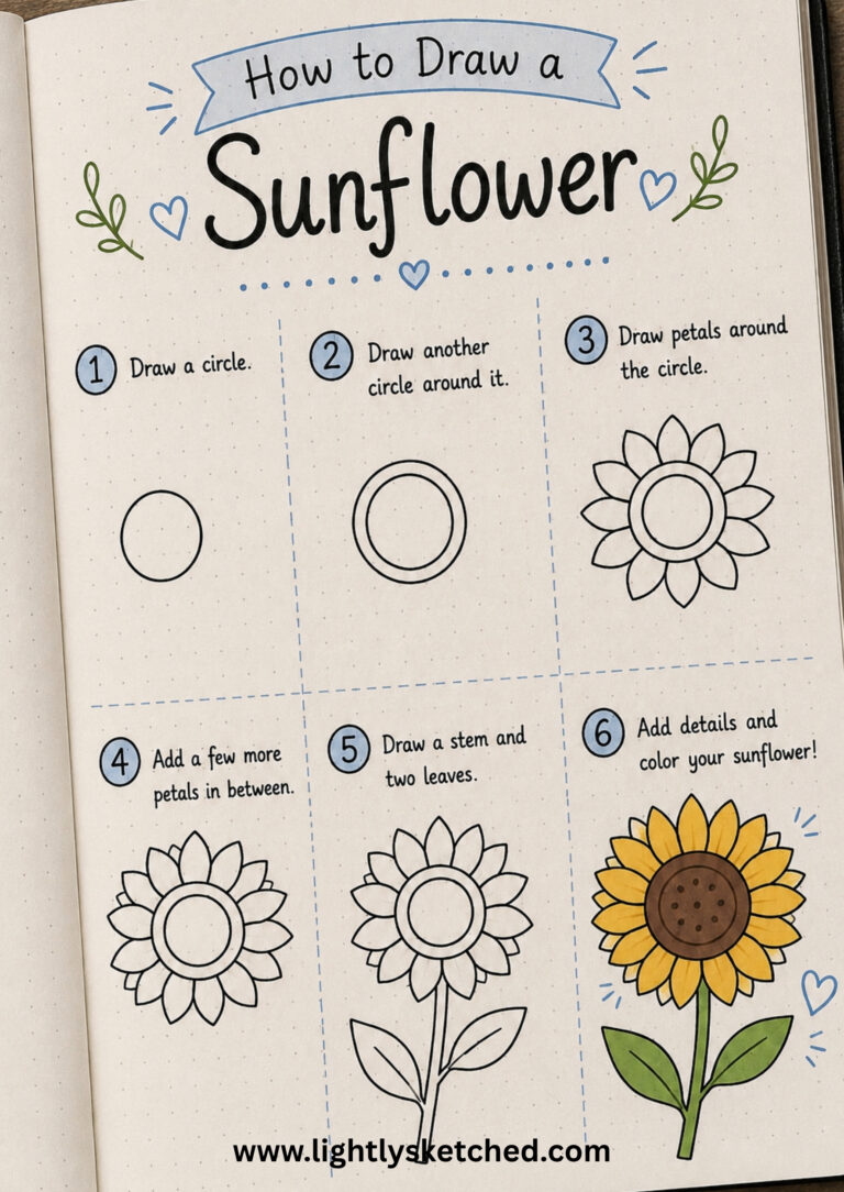 How to draw a sunflower step by step in a bullet journal with simple flower doodles.