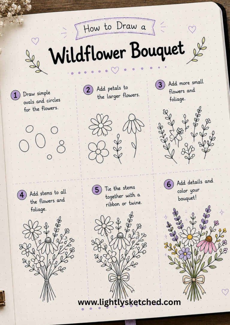 How to draw a wildflower bouquet step by step using easy floral doodles.
