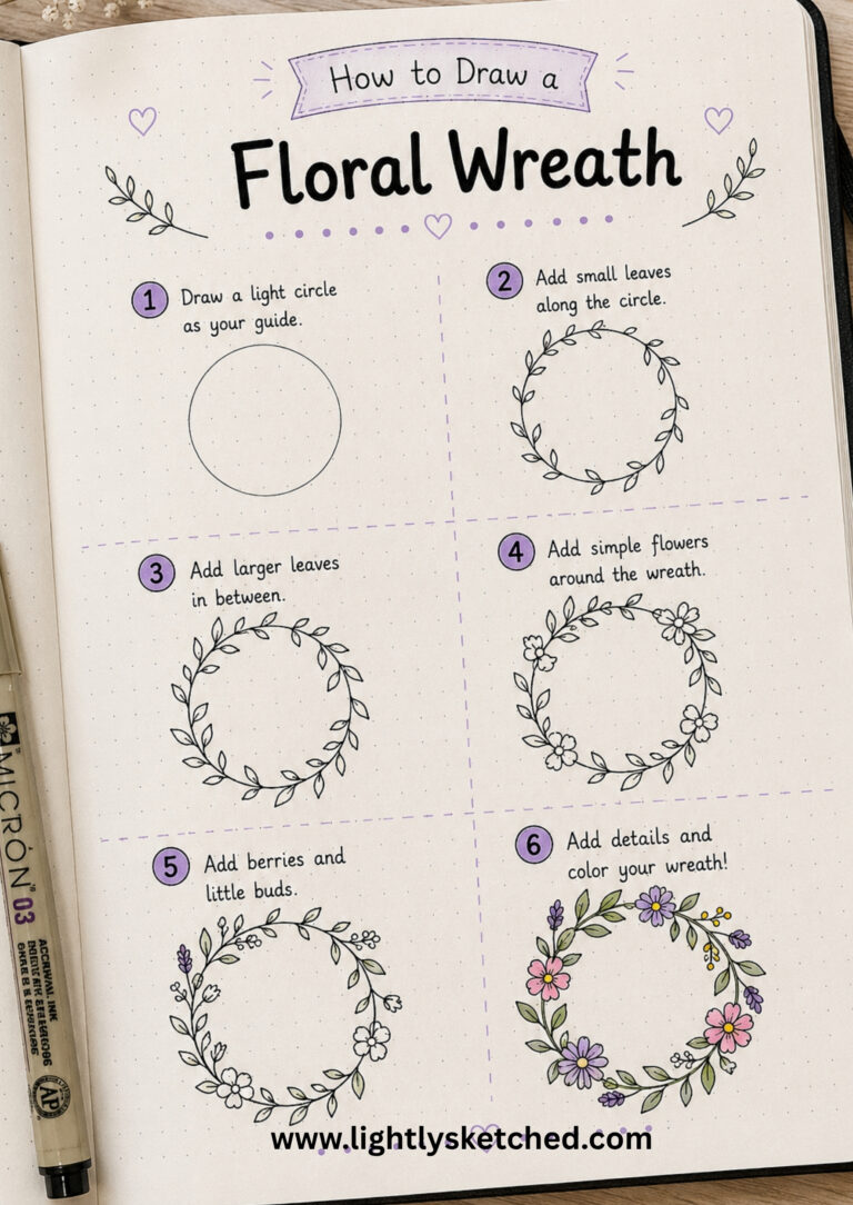 How to draw a floral wreath step by step with easy flower doodles for beginners.