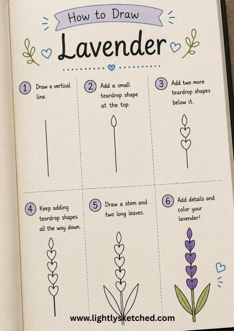 How to draw lavender step by step with an easy floral doodle tutorial.