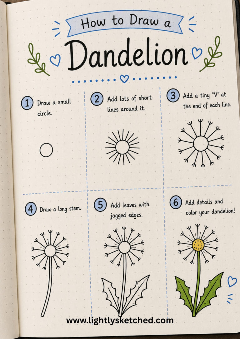 How to draw a dandelion step by step with a beginner-friendly floral doodle tutorial.How to draw a dandelion step by step with a beginner-friendly floral doodle tutorial.