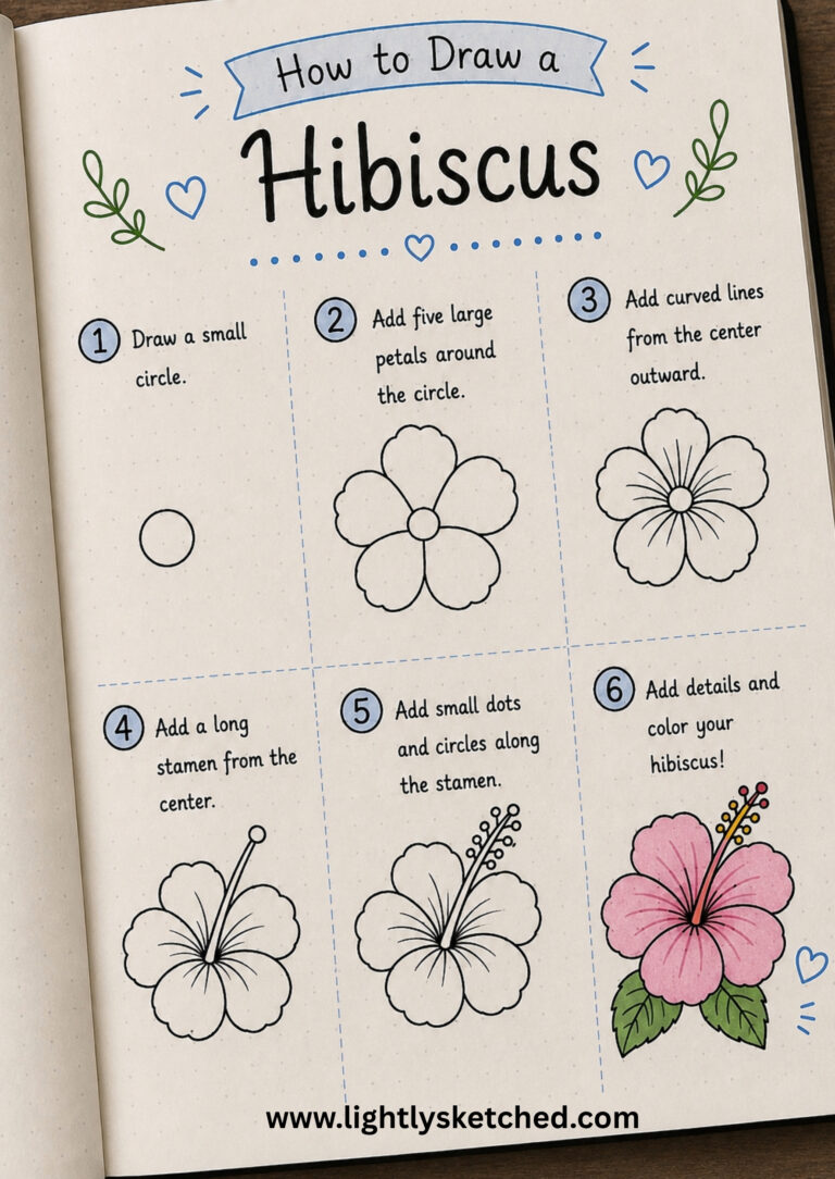 How to draw hibiscus step by step with a simple tropical floral doodle tutorial.