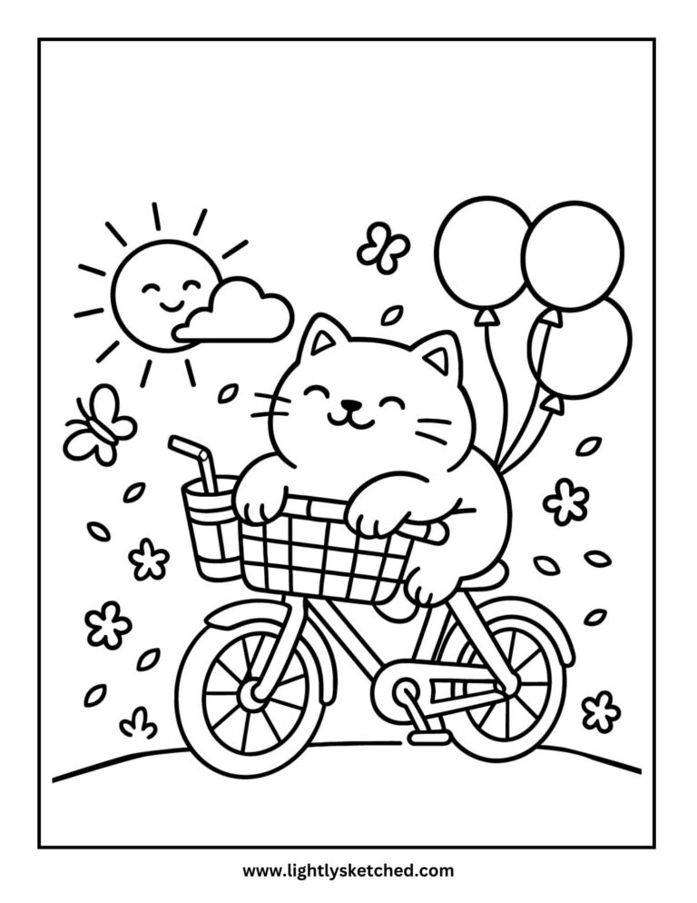 Cat riding a bike coloring page