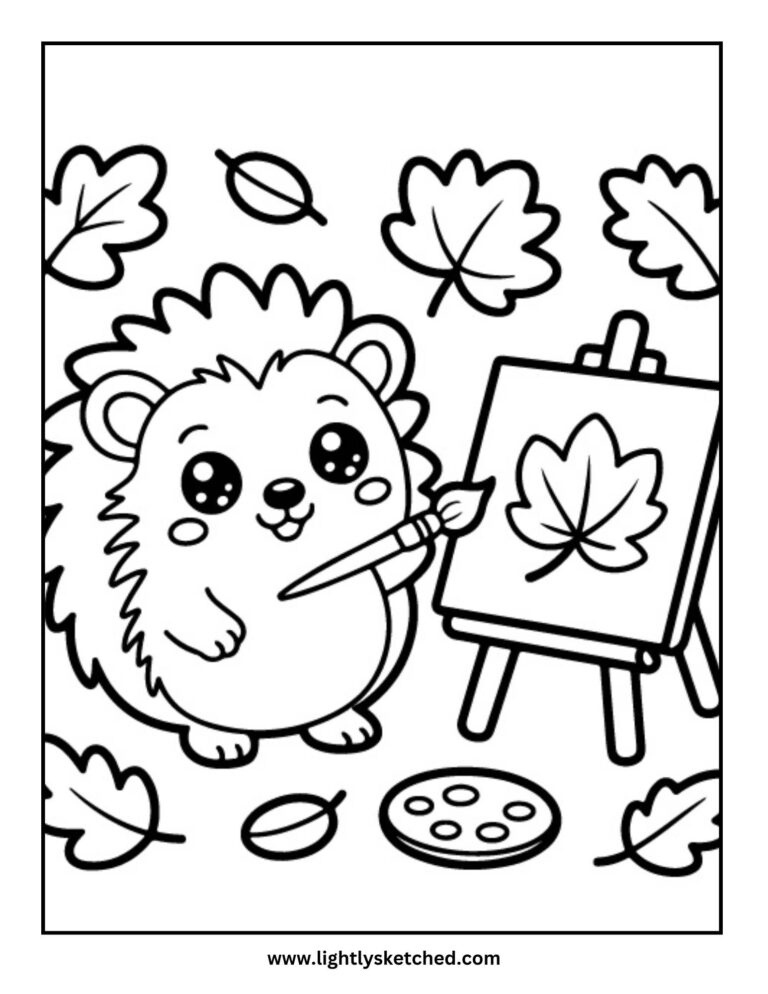 Hedgehog Painting Autumn Leaves Coloring Page