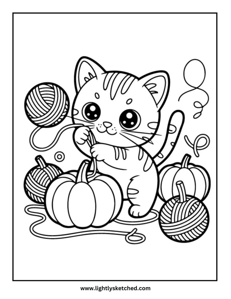 Kitten with Yarn and Pumpkins Coloring Page