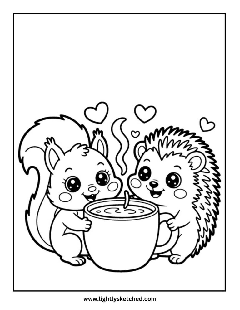 Squirrel and Hedgehog Hot Cocoa Coloring Page