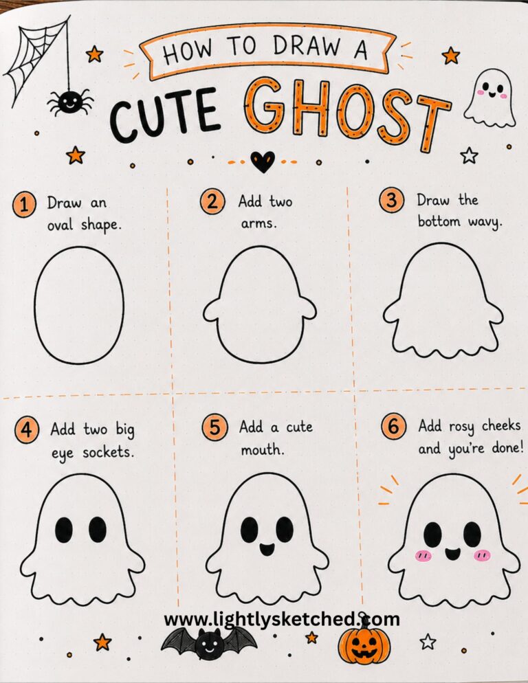 Step-by-step tutorial showing how to draw an easy cute ghost Halloween doodle