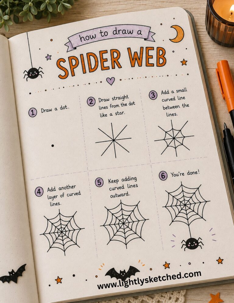 Step-by-step tutorial showing how to draw an easy Halloween spider web.