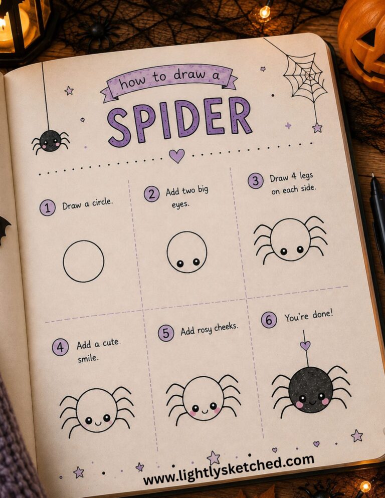 Easy step-by-step tutorial for drawing a cute Halloween spider.