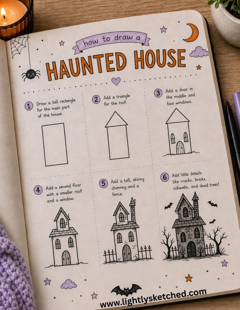 Step-by-step easy haunted house Halloween drawing tutorial.