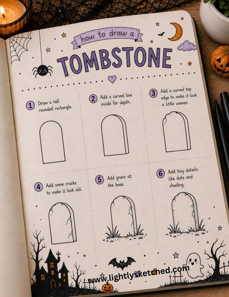 Easy step-by-step Halloween tombstone doodle drawing tutorial.