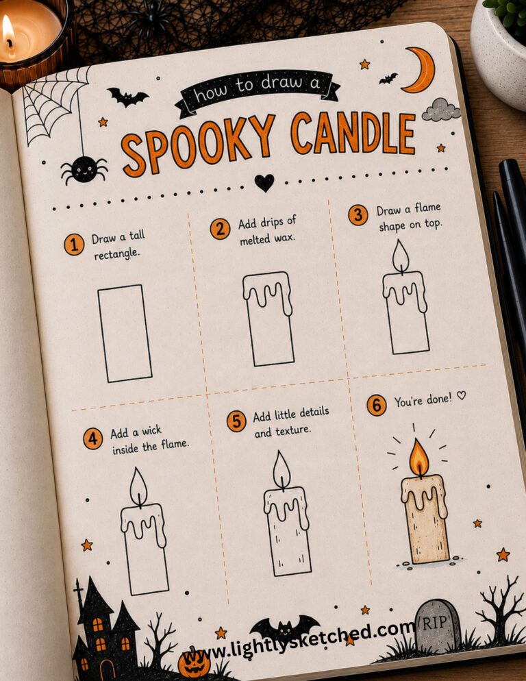 Step-by-step tutorial showing how to draw an easy spooky Halloween candle.