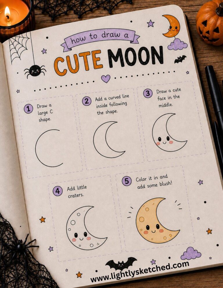 Easy step-by-step cute crescent moon Halloween doodle tutorial.