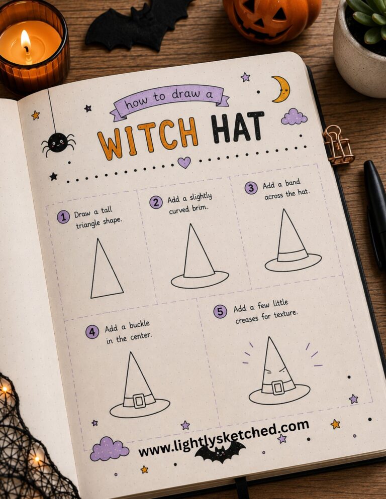 tep-by-step tutorial showing how to draw an easy Halloween witch hat.