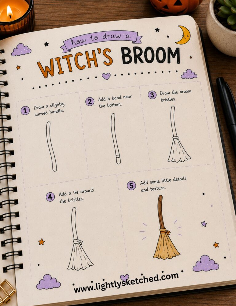 Easy step-by-step Halloween witch's broom drawing tutorial.
