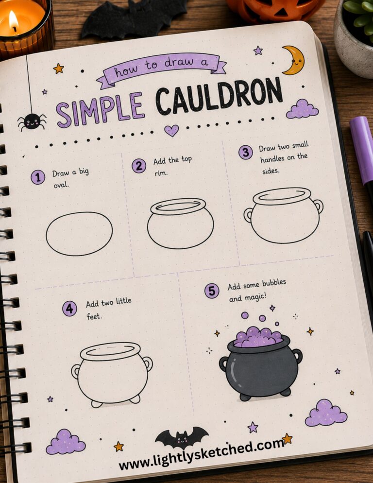 Step-by-step tutorial showing how to draw an easy witch cauldron for Halloween.