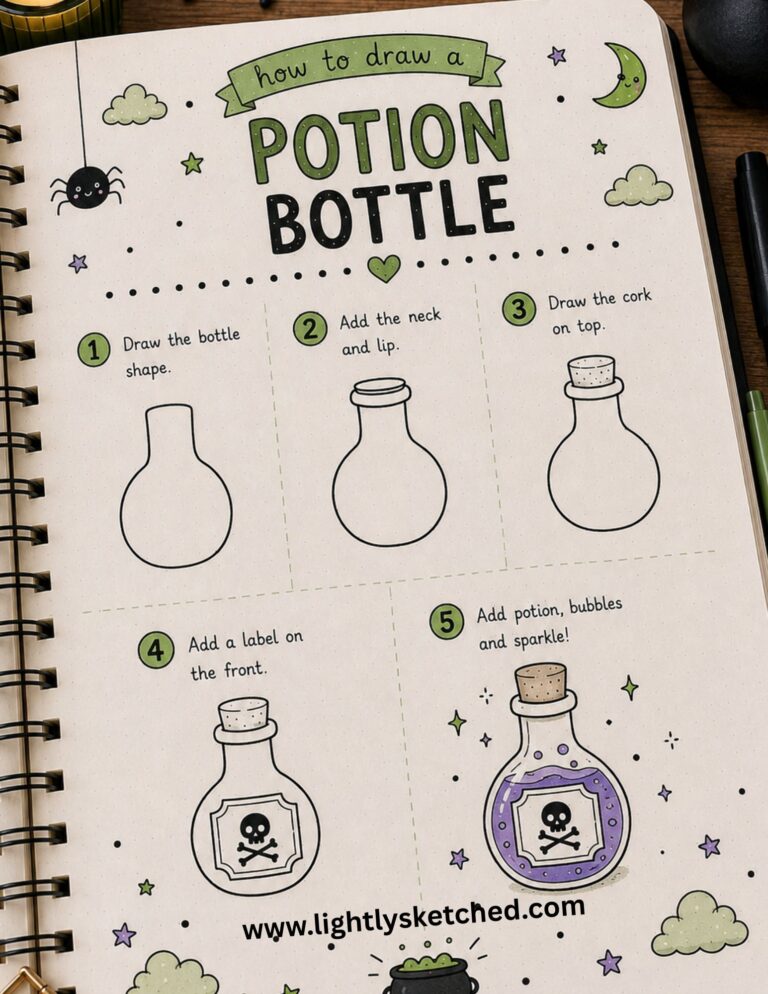 Easy step-by-step Halloween magic potion bottle drawing tutorial.