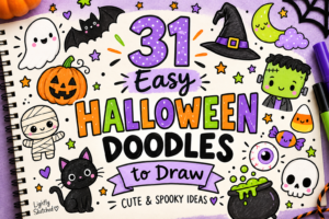 31 easy Halloween doodles to draw featuring cute ghosts, pumpkins, bats, monsters, a witch hat, mummy, black cat, candy and other spooky drawing ideas.