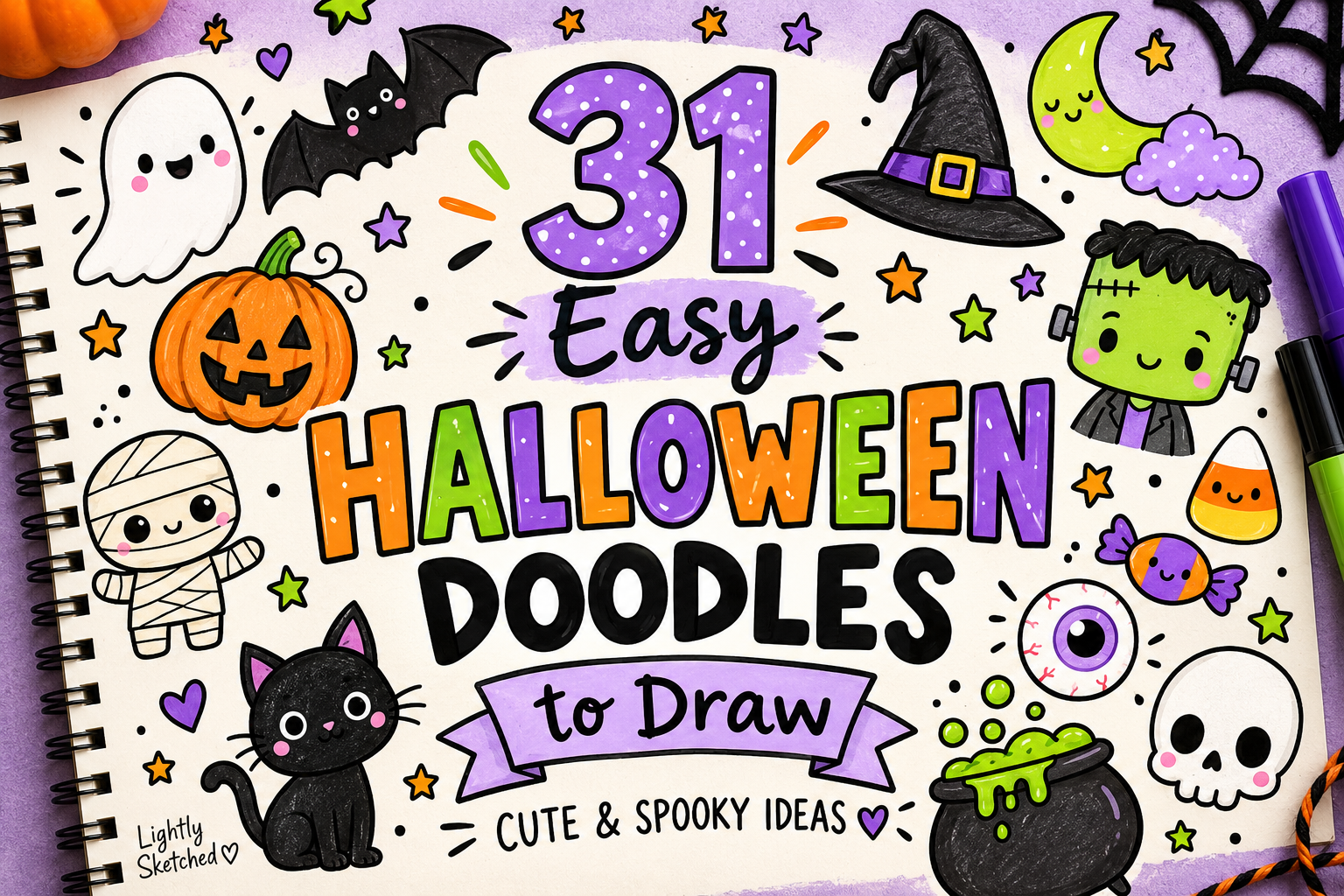 31 easy Halloween doodles to draw featuring cute ghosts, pumpkins, bats, monsters, a witch hat, mummy, black cat, candy and other spooky drawing ideas.