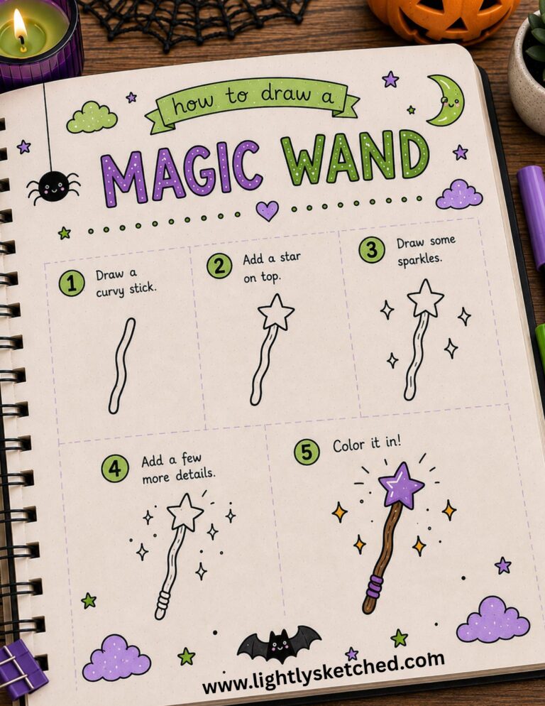 Step-by-step tutorial for drawing an easy magic wand with stars and sparkles.