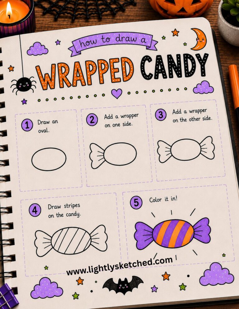 Step-by-step tutorial showing how to draw easy wrapped Halloween candy.