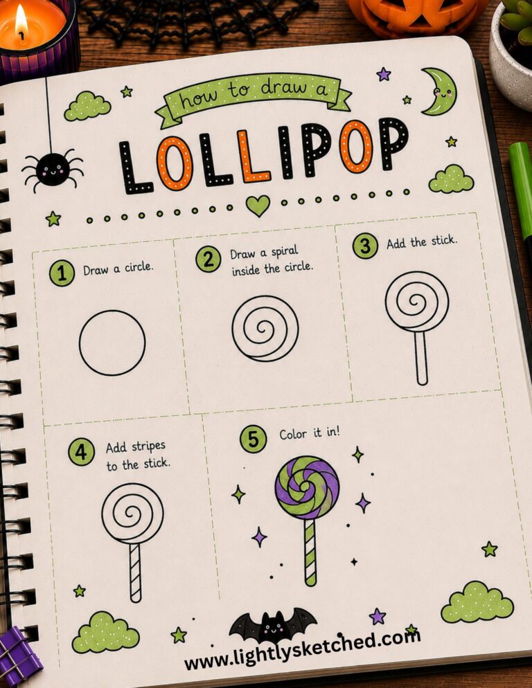 Easy step-by-step Halloween lollipop doodle drawing tutorial.