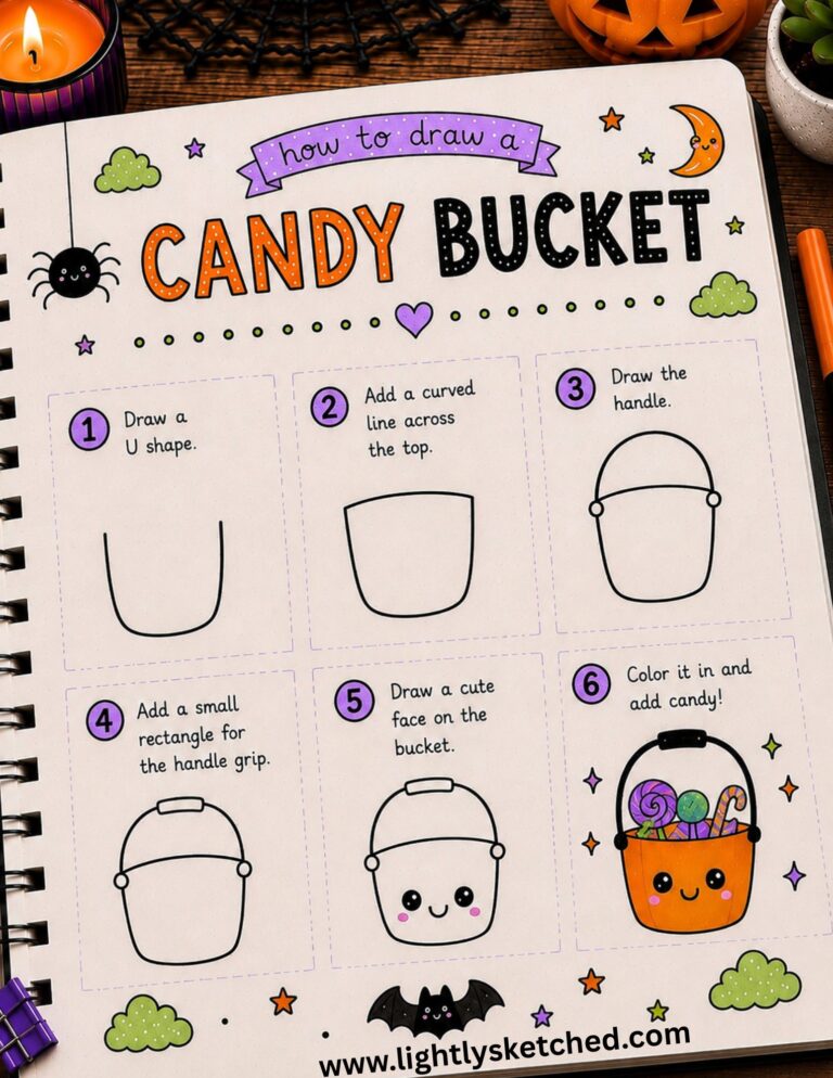 Step-by-step tutorial showing how to draw an easy Halloween candy bucket.