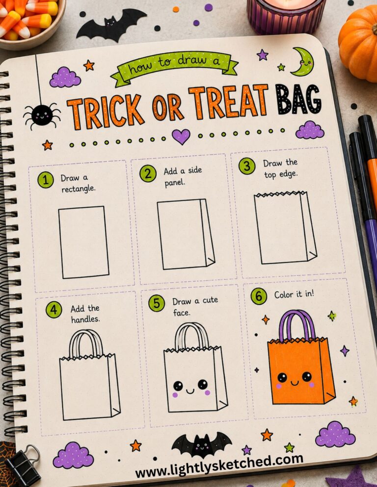 Easy step-by-step Halloween trick-or-treat bag drawing tutorial.