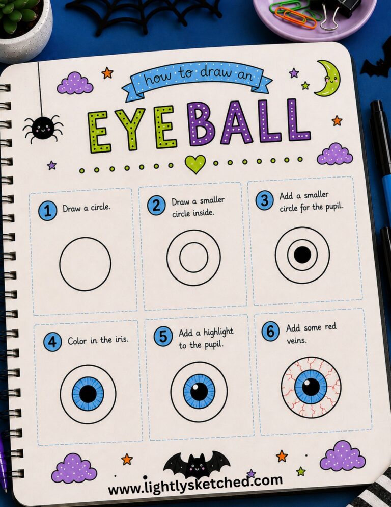 Step-by-step tutorial showing how to draw an easy Halloween eyeball.