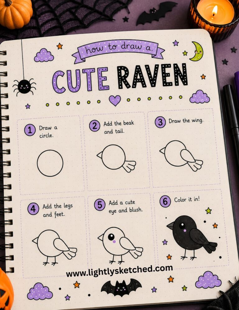 Easy step-by-step cute raven Halloween doodle tutorial.