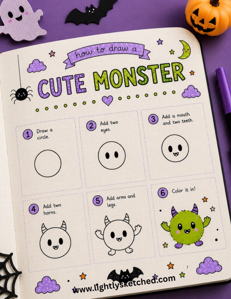 Step-by-step tutorial showing how to draw an easy cute Halloween monster.