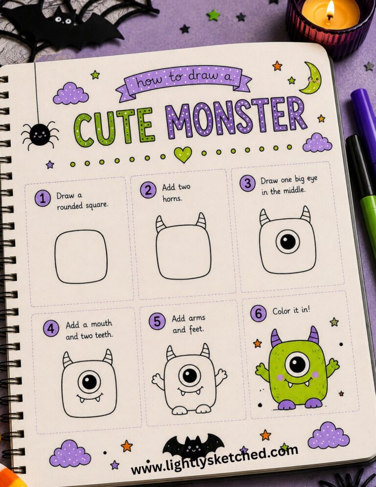 Easy step-by-step kawaii Halloween monster drawing tutorial.