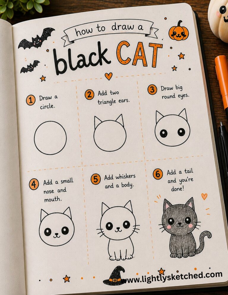 Step-by-step tutorial for drawing an easy cute black cat for Halloween.