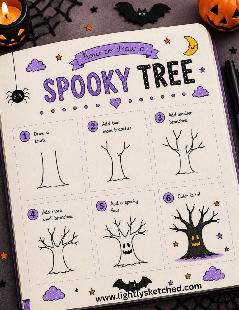 Step-by-step tutorial showing how to draw an easy spooky Halloween tree.