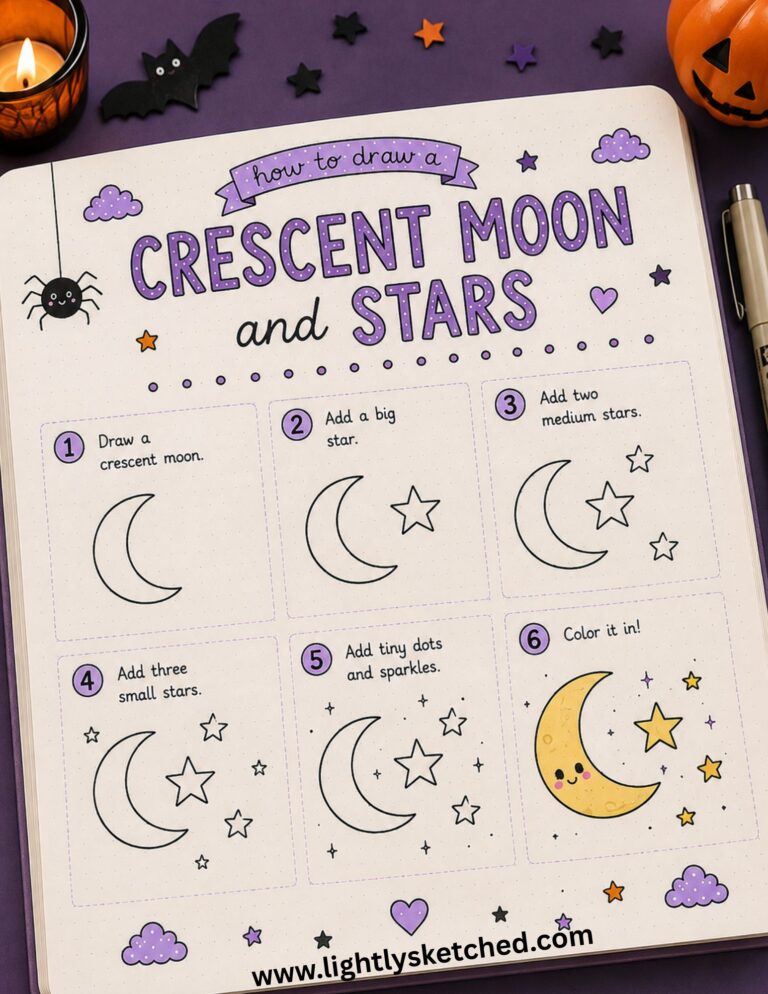 Easy step-by-step crescent moon, stars and cloud Halloween doodle tutorial.