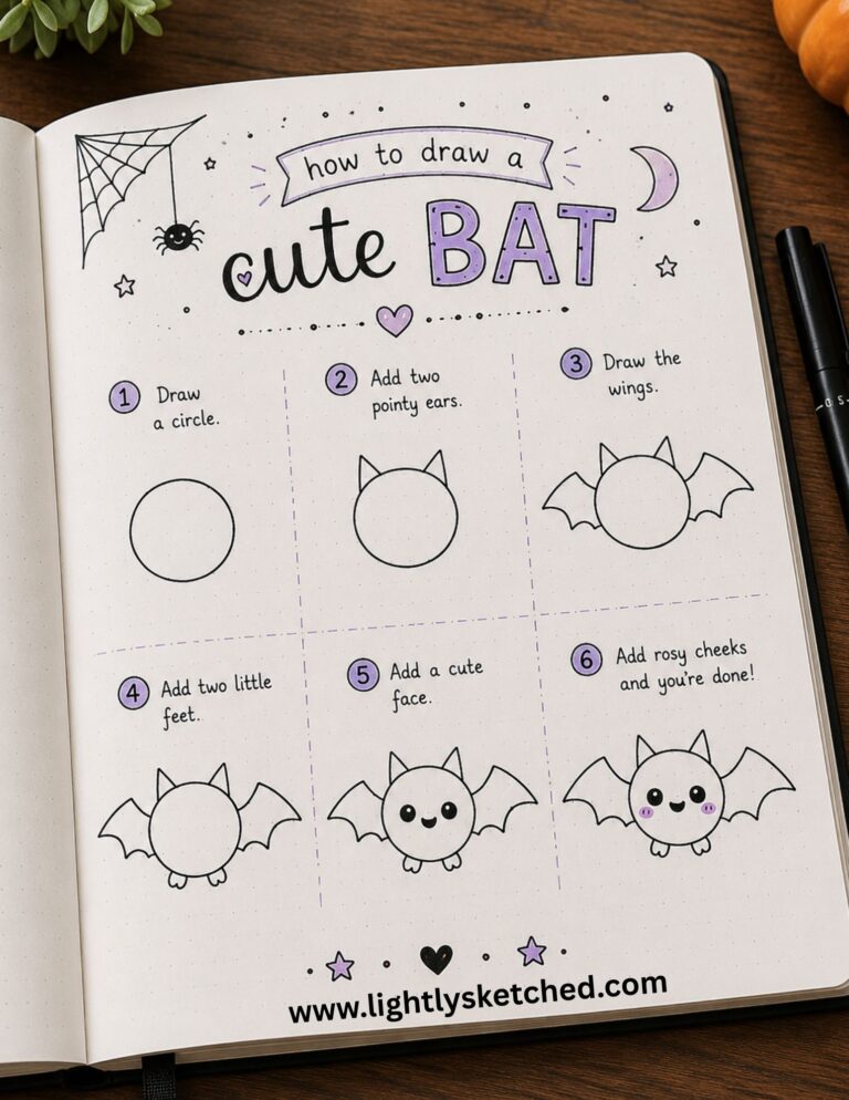 Easy step-by-step tutorial showing how to draw a cute Halloween bat.
