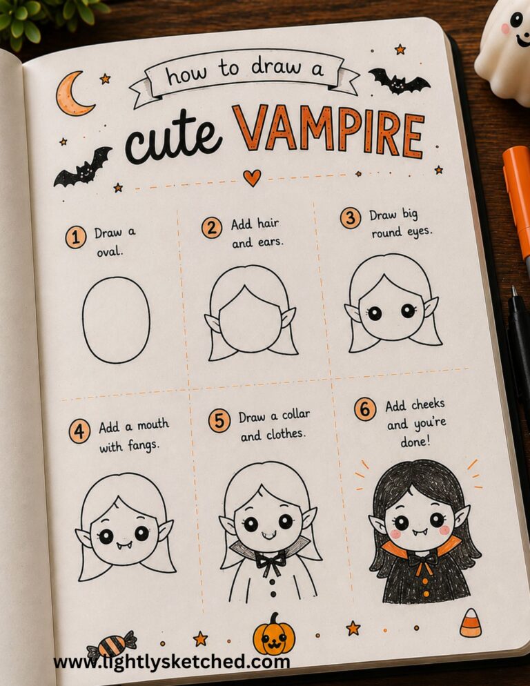 Step-by-step cute vampire Halloween drawing tutorial for beginners.