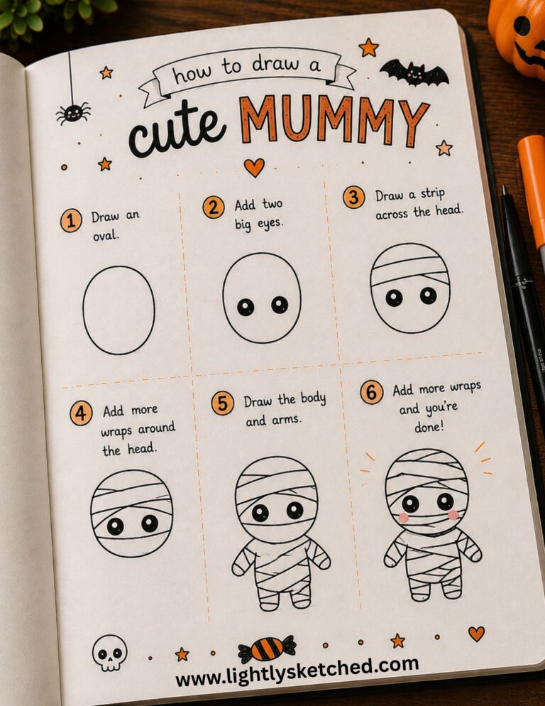 Easy step-by-step tutorial showing how to draw a cute Halloween mummy.